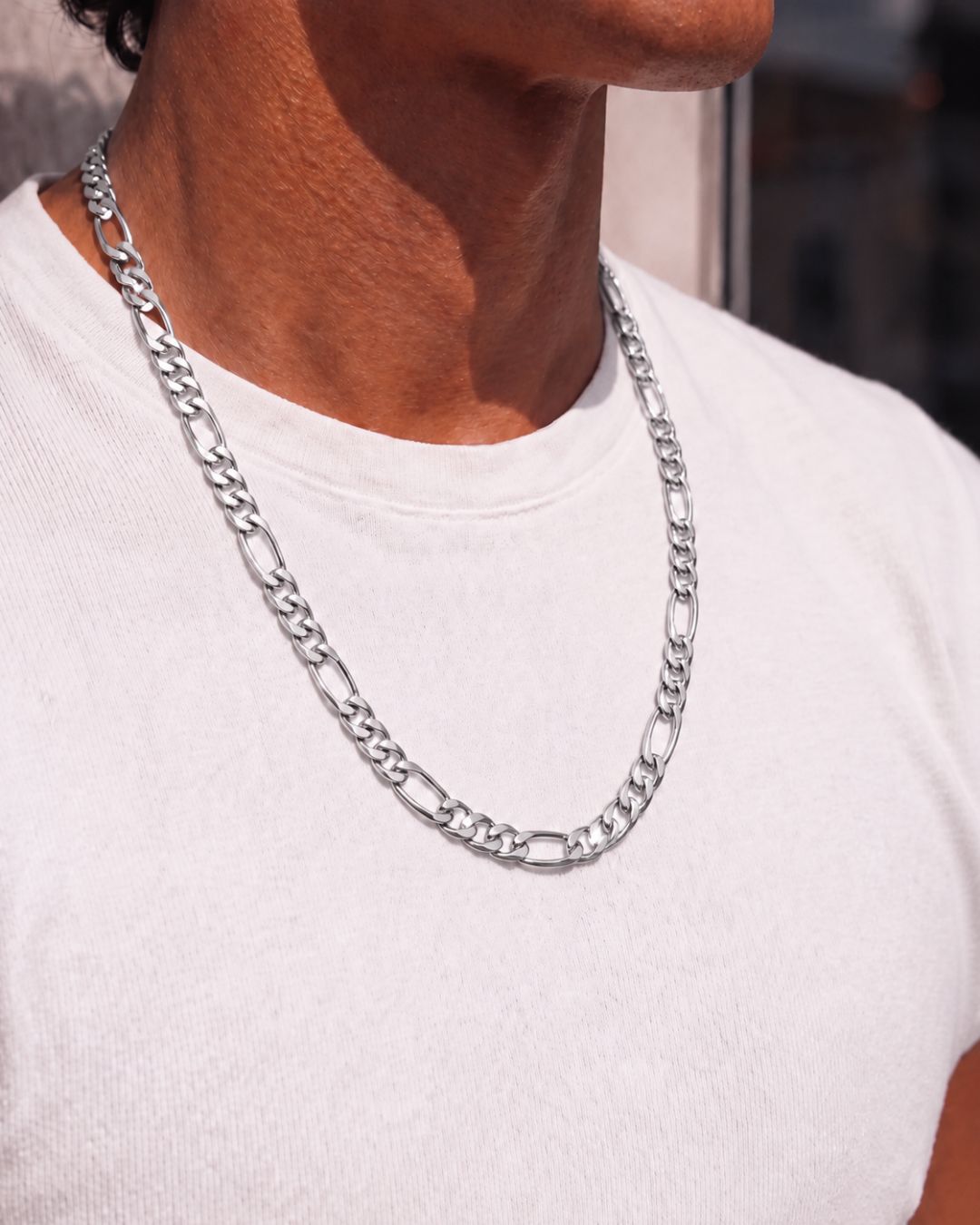 Silver figaro chain necklace, 6 mm wide and 55 cm long, made for daily wear