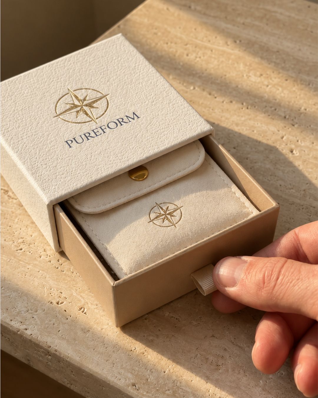 Opening the champagne drawer of the Pureform ivory gift box on travertine