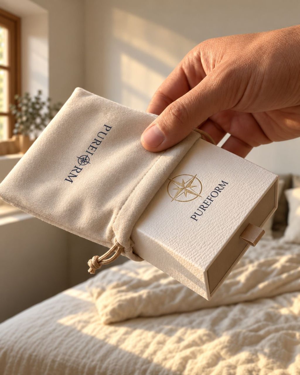 Ivory Pureform gift box sliding into the ivory velvet pouch