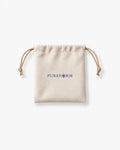 Ivory velvet Pureform drawstring pouch with navy wordmark and champagne cords