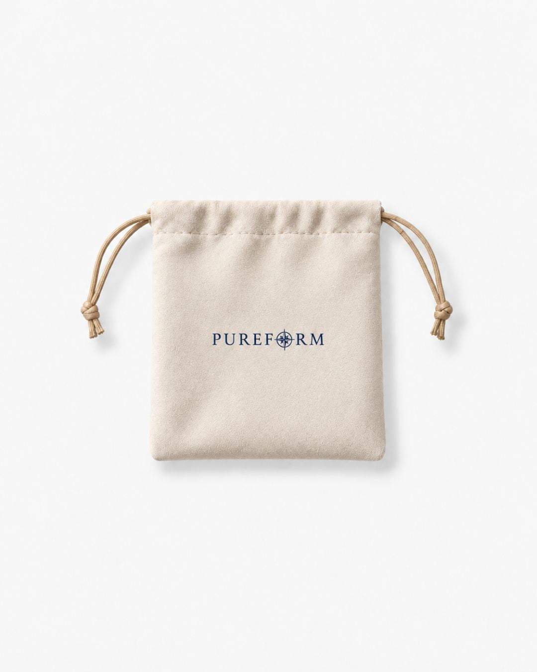 Ivory velvet Pureform drawstring pouch with navy wordmark and champagne cords