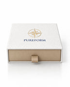Front view of the Pureform ivory gift box with champagne drawer and ribbon pull