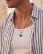 Silver plated clover necklace in malachite green on stainless steel