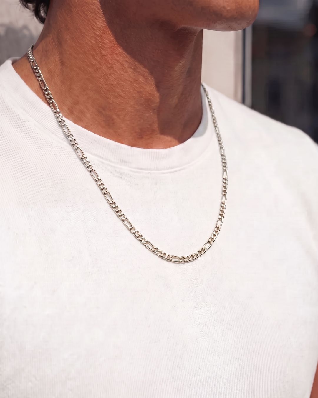 Silver figaro chain necklace, 3 mm wide and 55 cm long, made for everyday wear