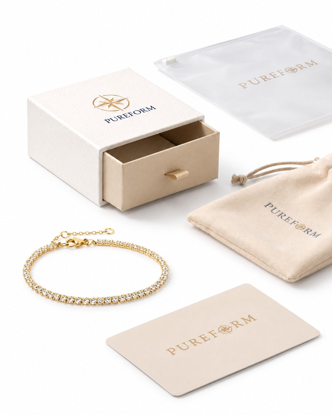 Fine Tennis Bracelet in 18K gold with Pureform gift box, pouch and card