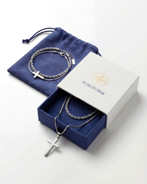 Men's Cross & Twisted Chain Bundle - 4 Pieces - Silver - Stainless