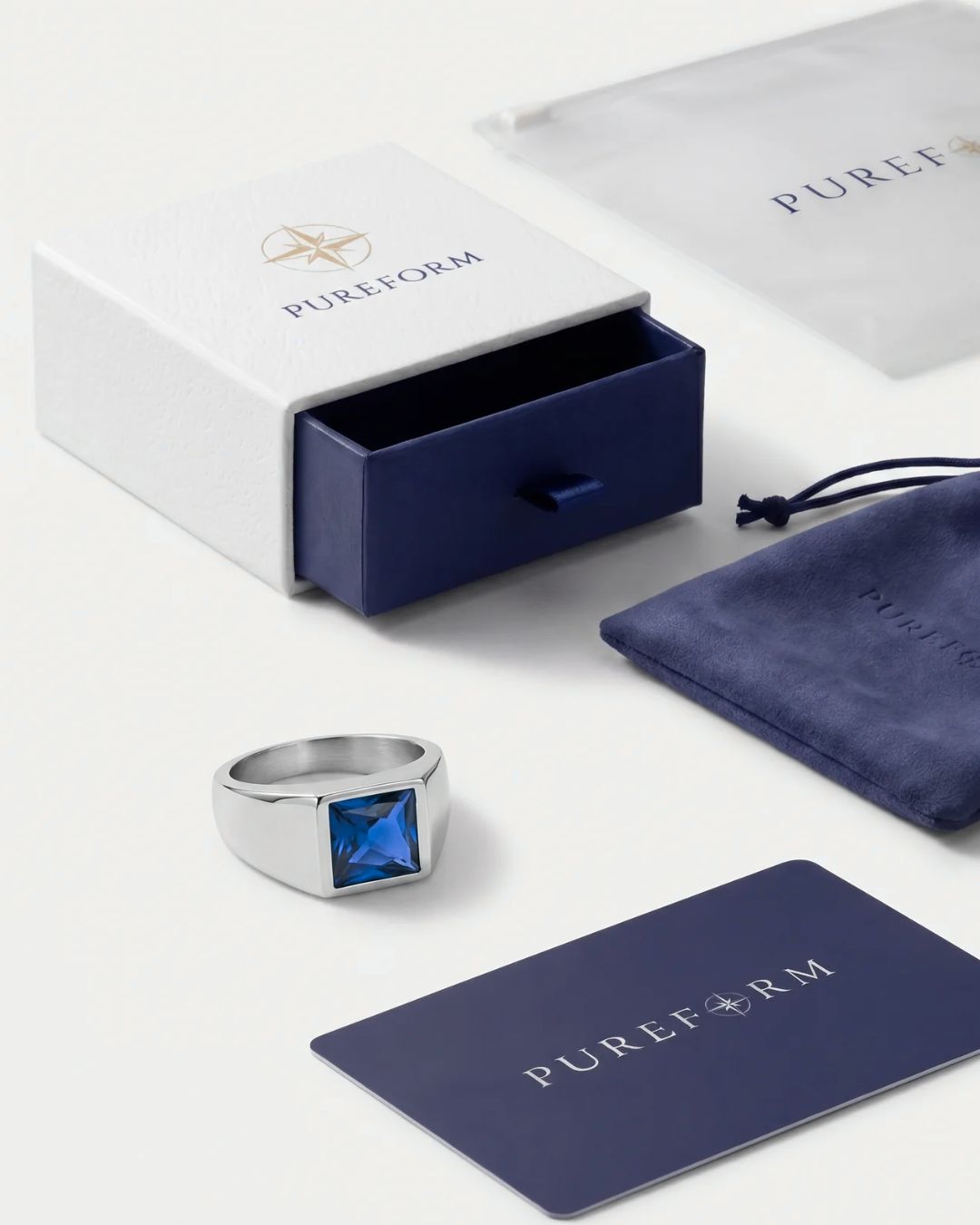 Pureform Sapphire Ring in titanium steel, pairs with the Sapphire Pendant Necklace