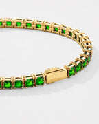 Emerald green square tennis bracelet in gold, sizes 7.1, 7.5 and 7.9 inch