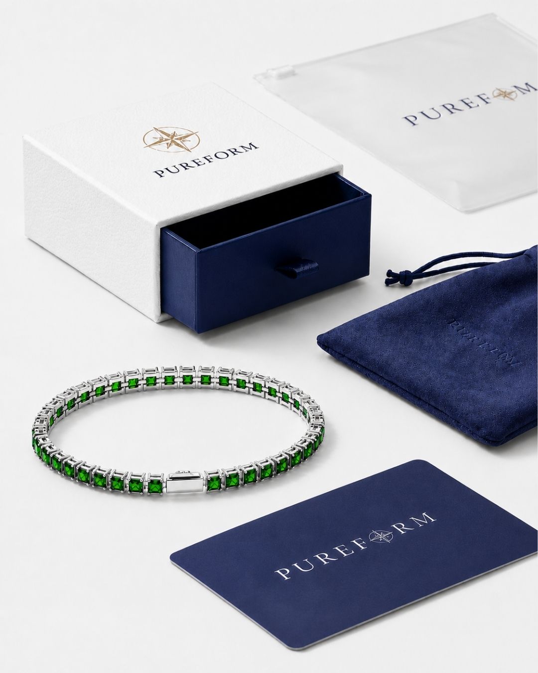 Emerald green Square Tennis Bracelet, water-resistant polished silver-tone steel that keeps its shine