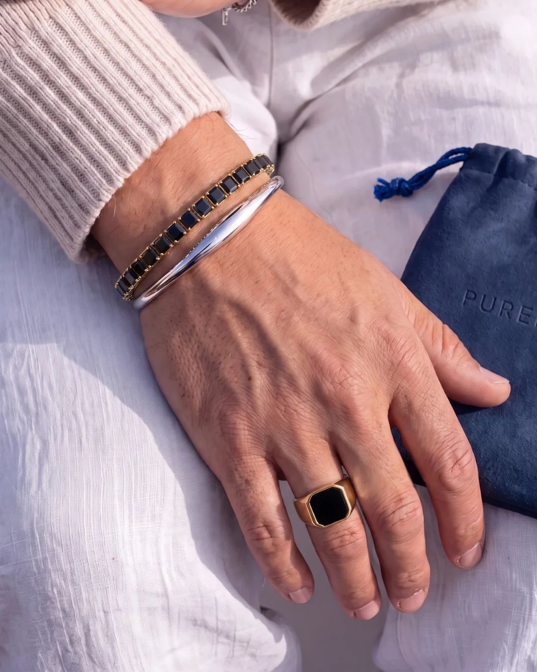 Onyx black Square Tennis Bracelet, water-resistant 18K gold plated steel that keeps its shine