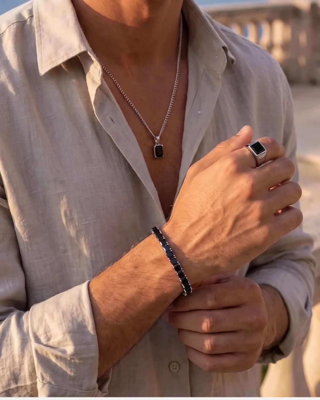 Square Tennis Bracelet | Onyx Black Silver