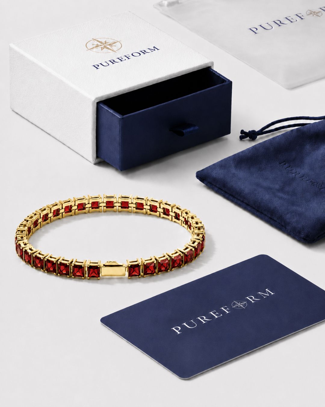 Square Tennis Bracelet | Ruby Red 14K Gold