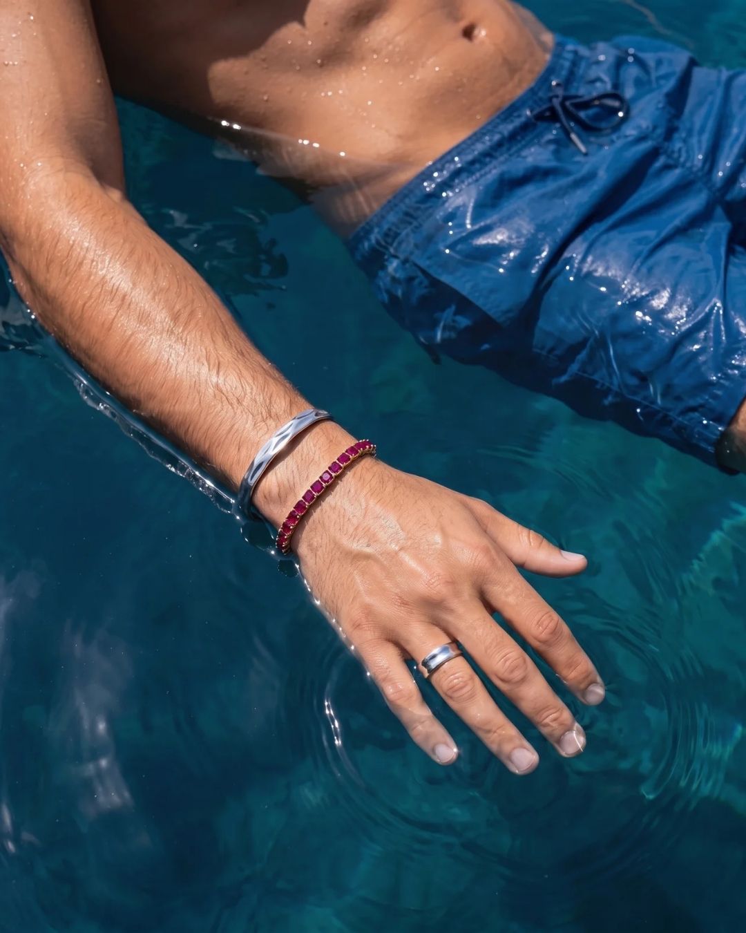 Ruby red Square Tennis Bracelet, water-resistant 18K gold plated steel that keeps its shine