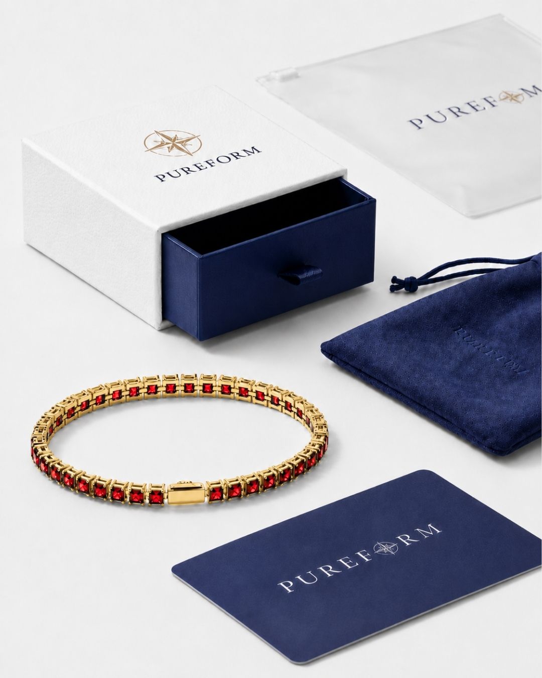 Square Tennis Bracelet in ruby red, available in 7.1″, 7.5″ and 7.9″