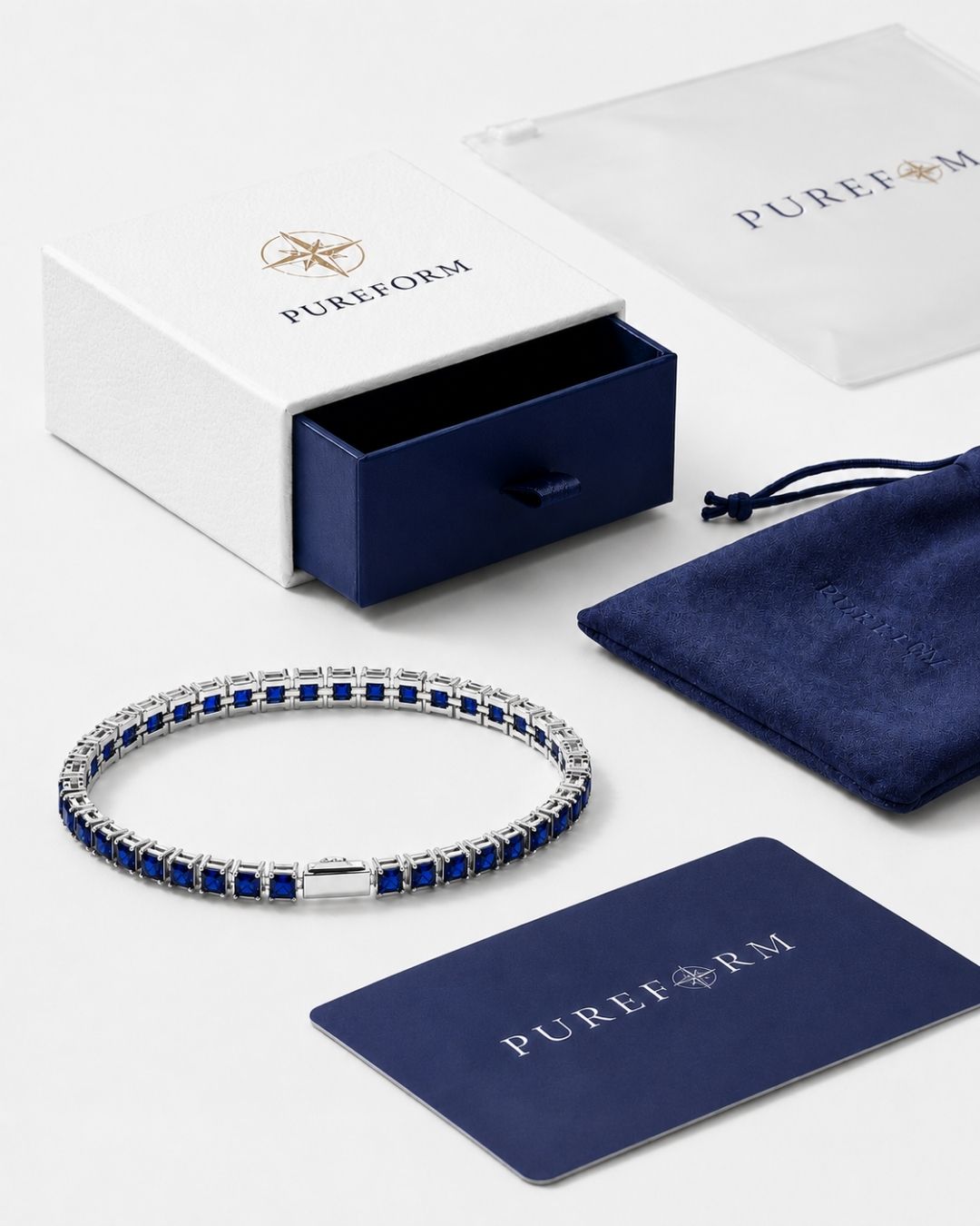 Sapphire blue Square Tennis Bracelet, water-resistant polished silver-tone steel that keeps its shine