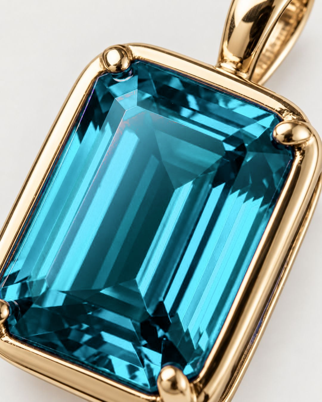 Aquamarine pendant necklace, 1 carat, 18K gold — macro detail of the stone and setting