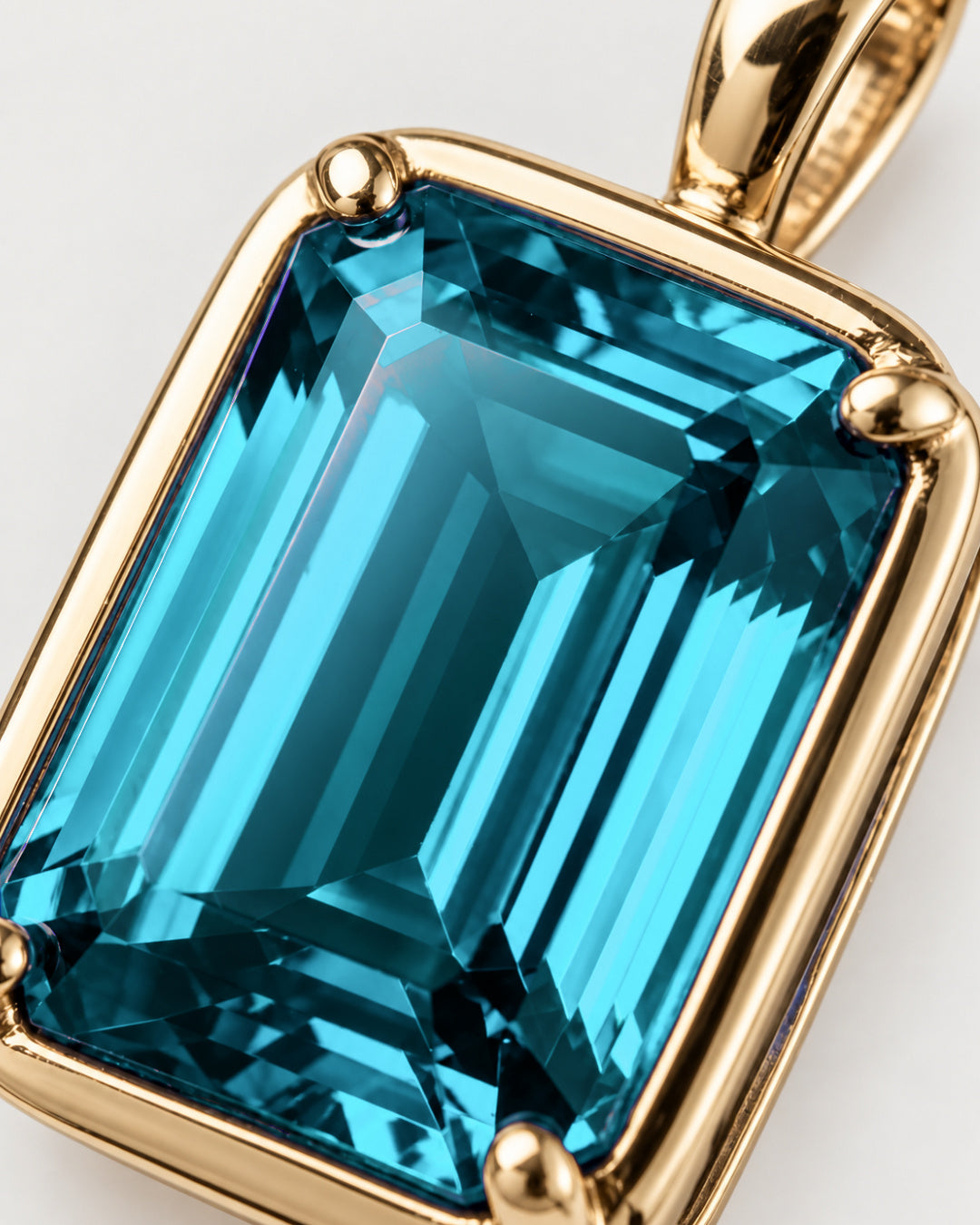 Aquamarine pendant necklace, 3 carat, 18K gold — macro detail of the stone and setting