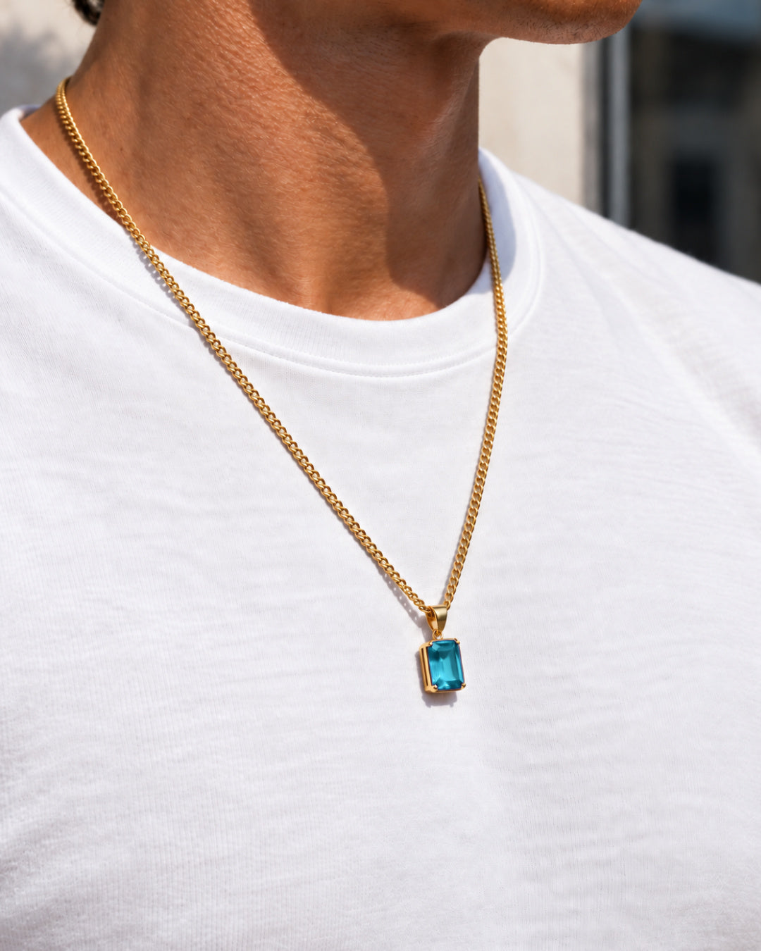 Aquamarine pendant necklace, 3 carat, 18K gold — worn with a white tee