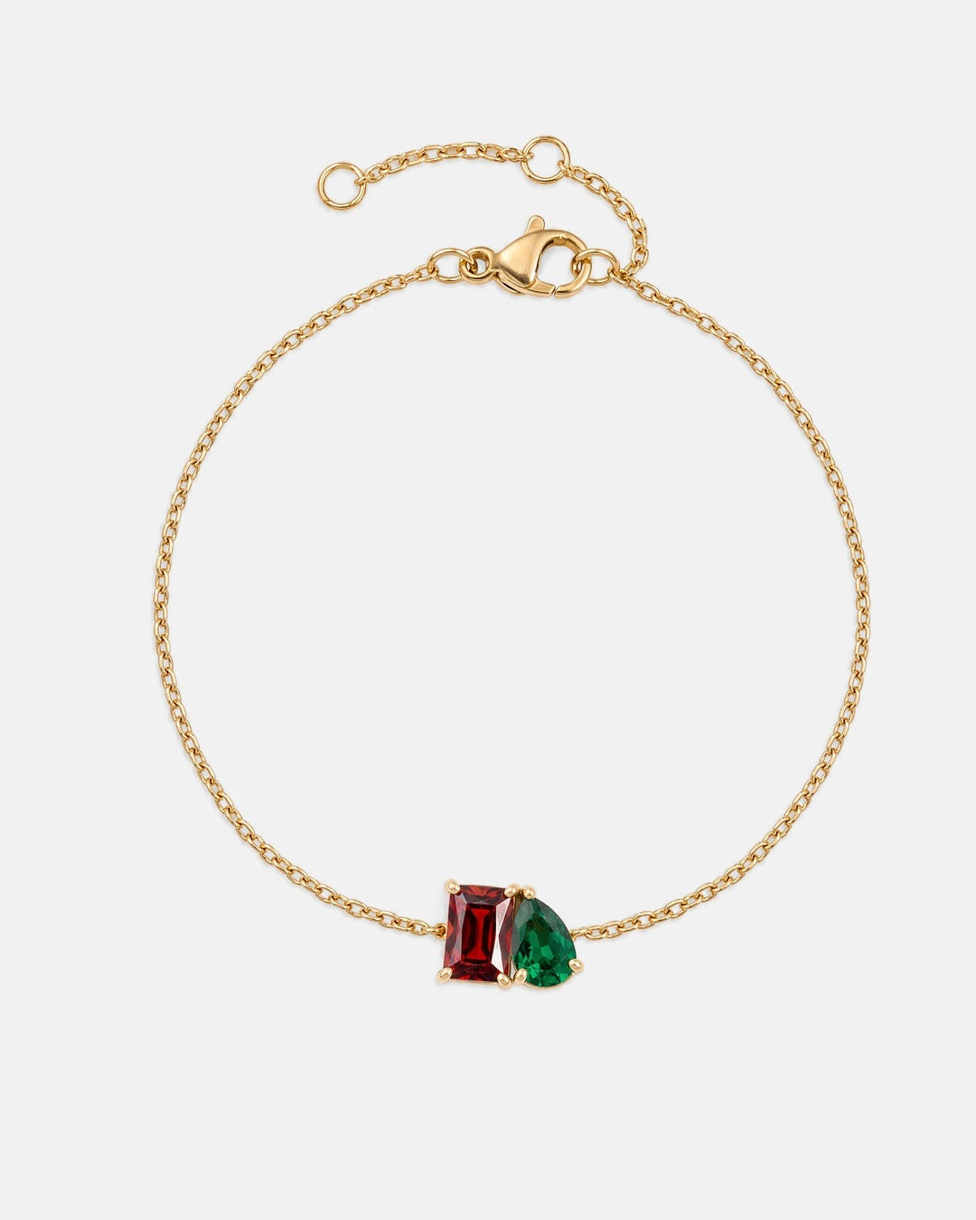January birthstone bracelet in 14K gold, Siam red and emerald green stones