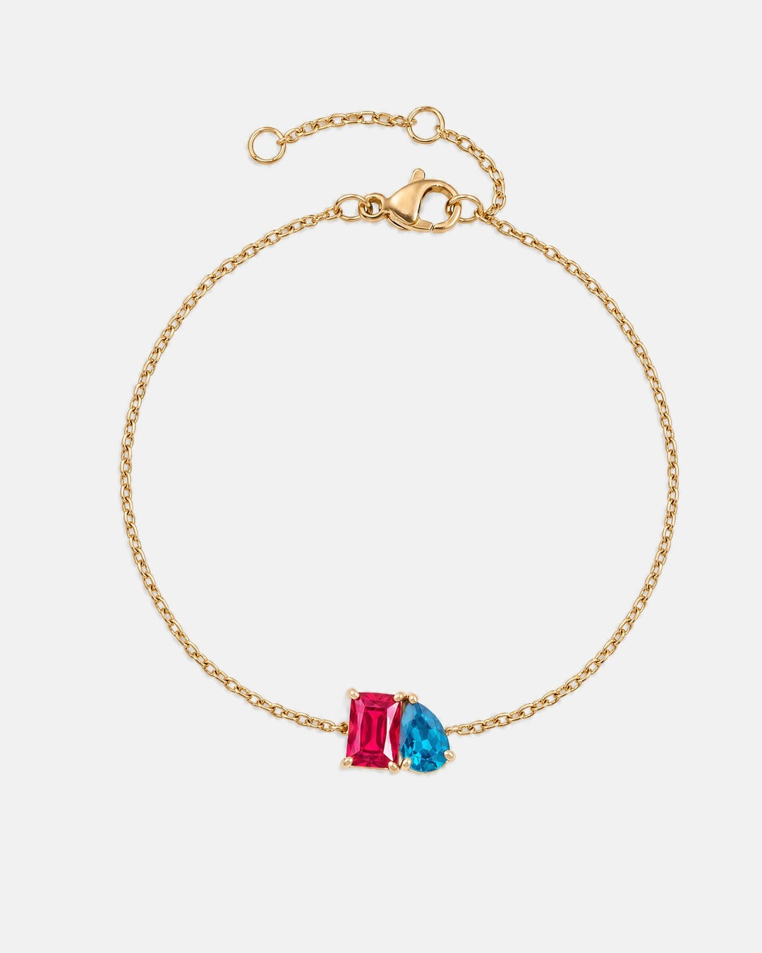 July birthstone bracelet in 14K gold, rose pink and aquamarine blue stones