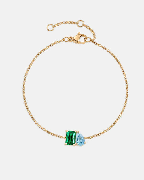 May birthstone bracelet in 14K gold, emerald green and aquamarine blue stones