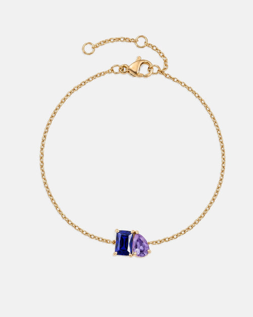 September birthstone bracelet in 14K gold, sapphire blue and light amethyst stones
