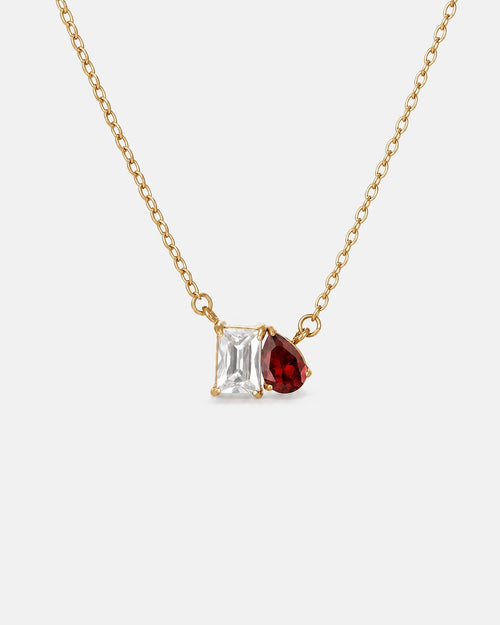 April birthstone necklace in 14K gold, clear crystal and Siam red stones