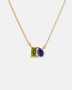August birthstone necklace in 14K gold, peridot green and violet stones