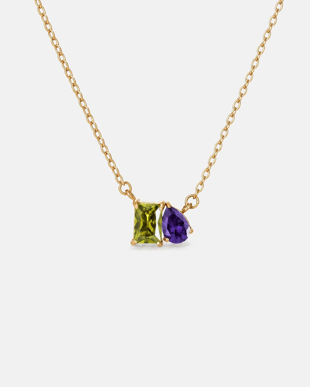 August birthstone necklace in 14K gold, peridot green and violet stones