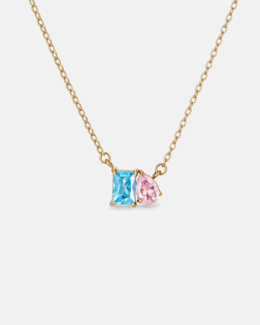 December birthstone necklace in 14K gold, aquamarine blue and light rose stones
