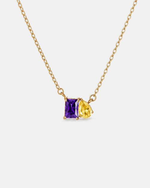 February birthstone necklace in 14K gold, violet and jonquil yellow stones