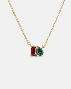 January birthstone necklace in 14K gold, Siam red and emerald green stones
