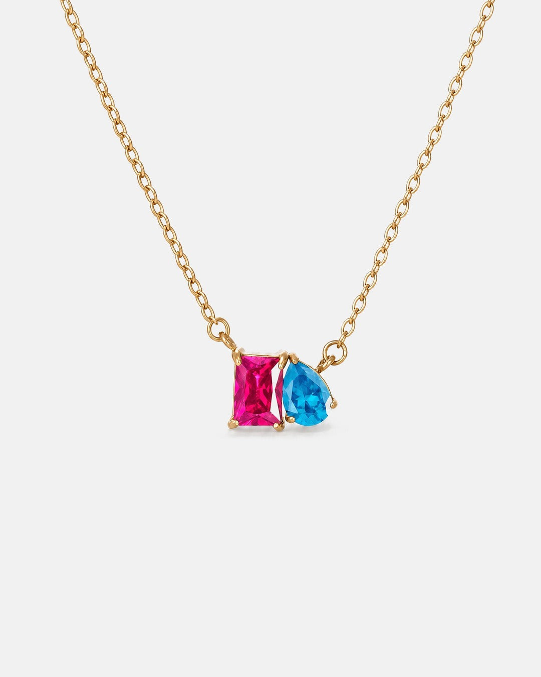 July birthstone necklace in 14K gold, rose pink and aquamarine blue stones