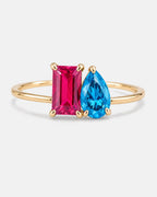 July birthstone ring in 14K gold, rose pink and aquamarine blue stones