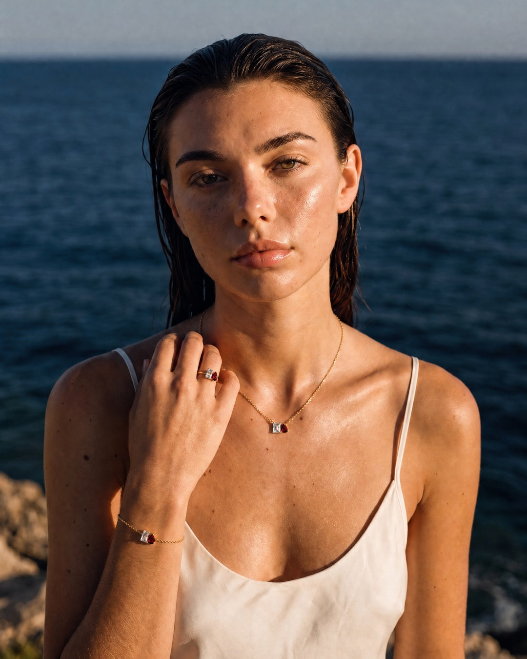 Model wearing the April birthstone set in 14K gold