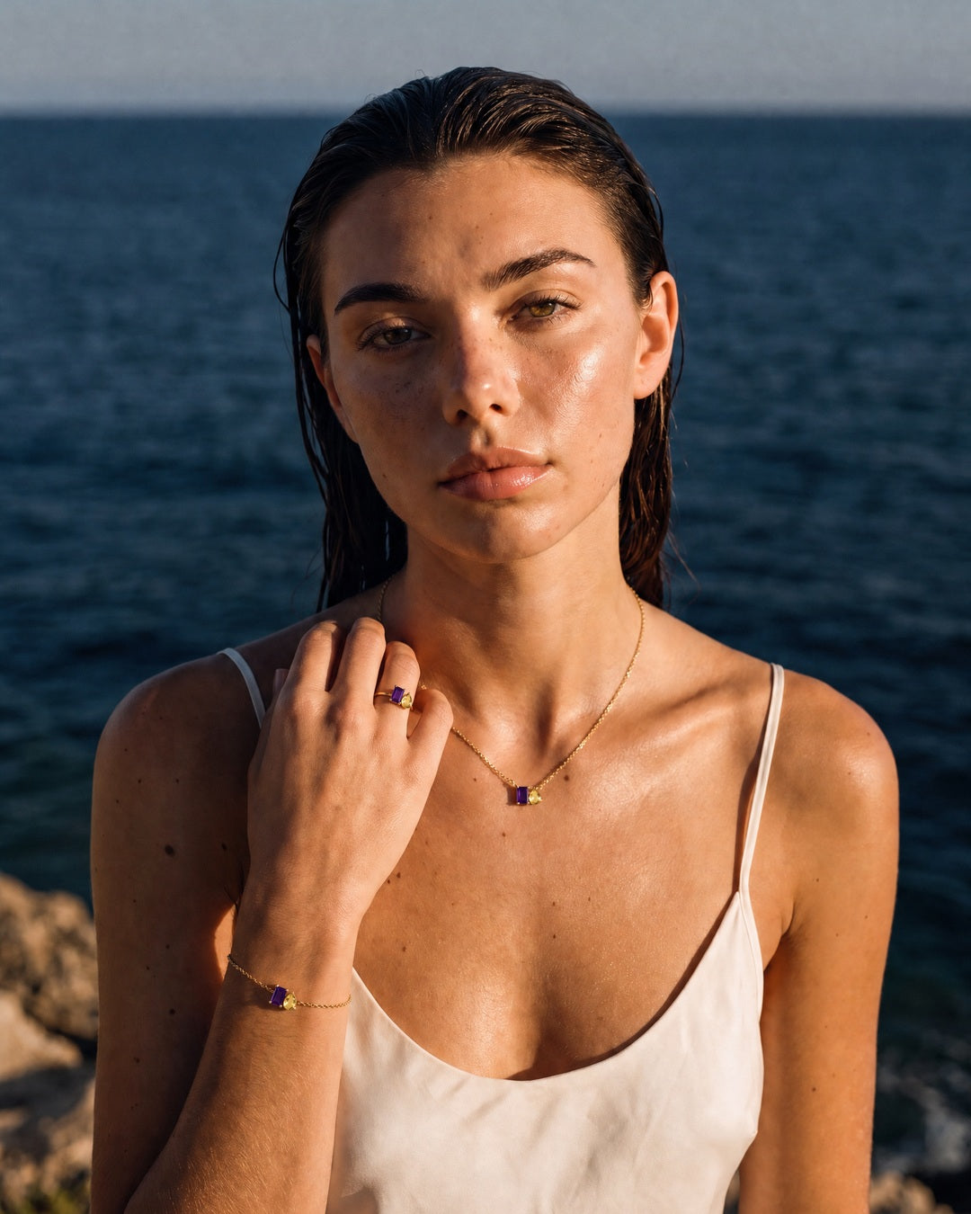 Model wearing the February birthstone set in 14K gold