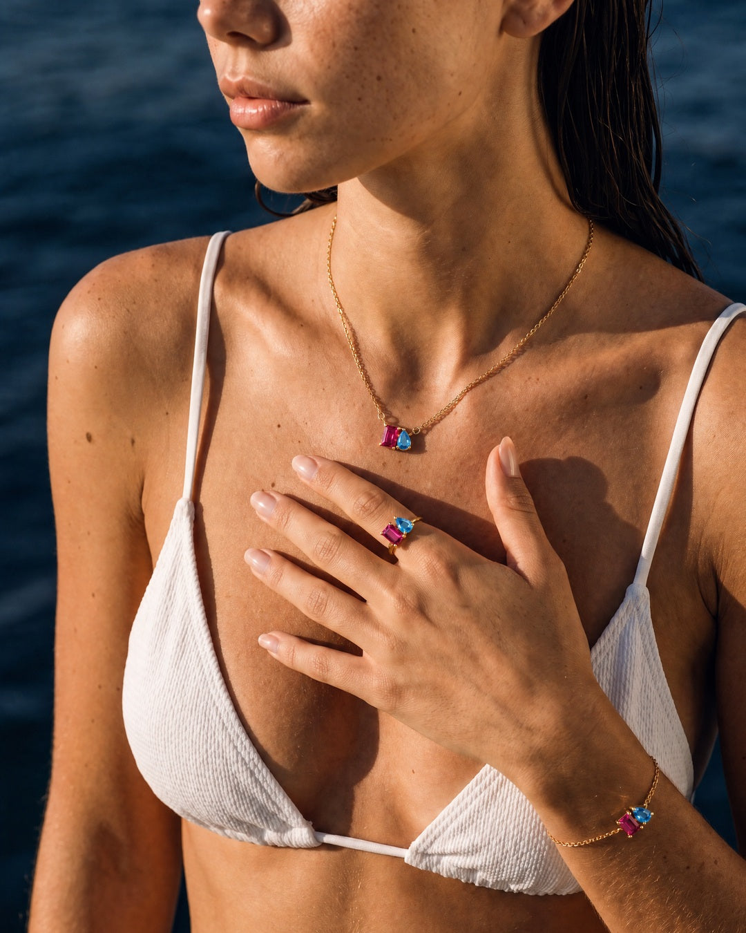 July birthstone ring, bracelet and necklace set in 14K gold, worn