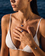 March birthstone ring, bracelet and necklace set in 14K gold, worn