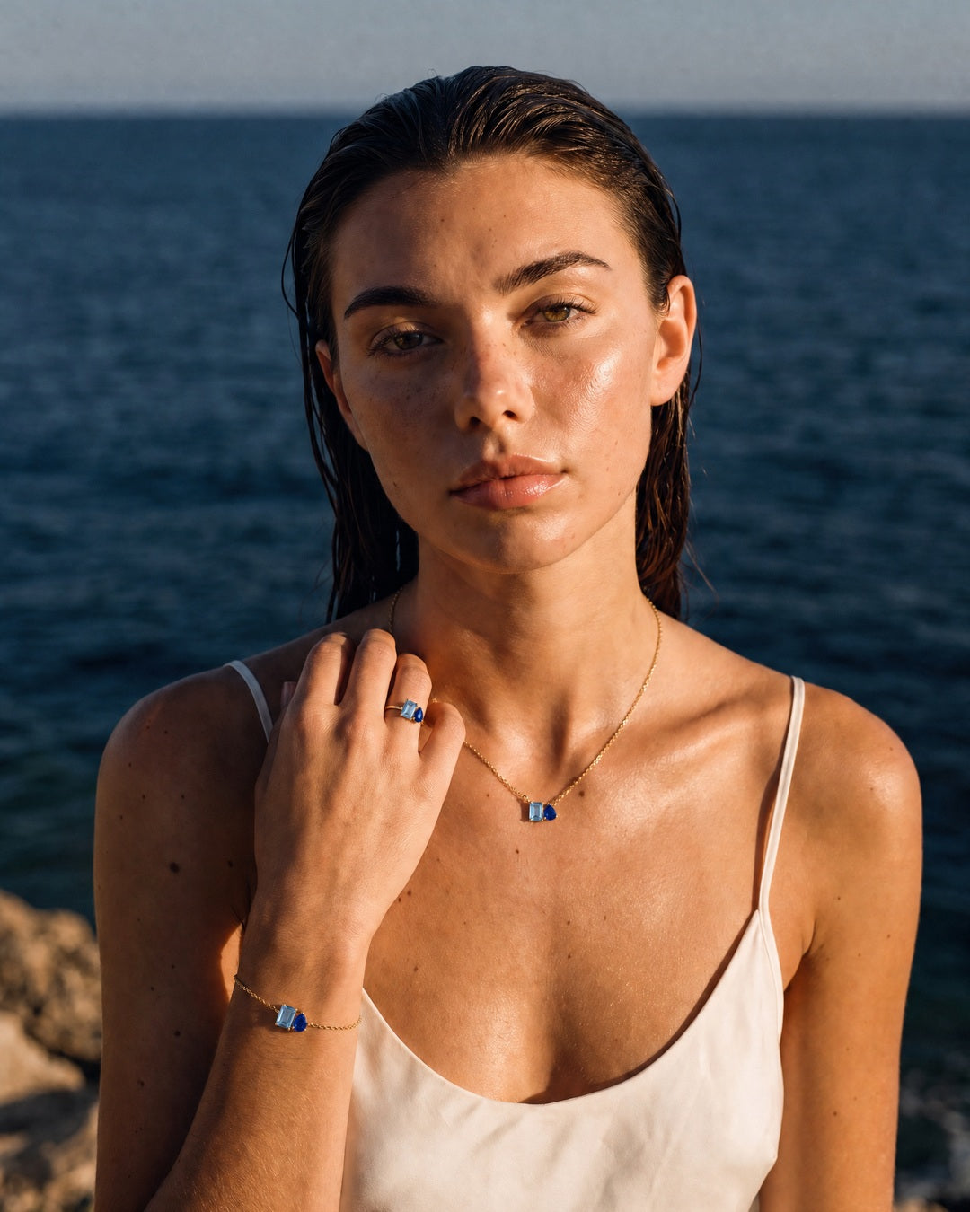 Model wearing the March birthstone set in 14K gold