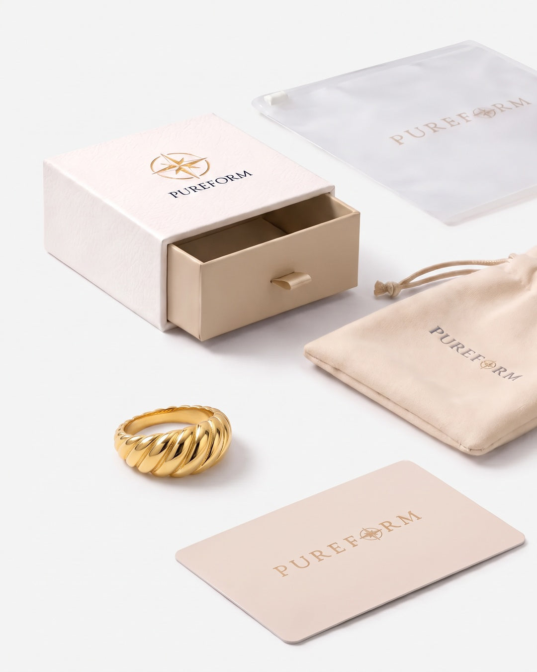 Croissant Dome Ring 18K gold with Pureform gift box, pouch and card