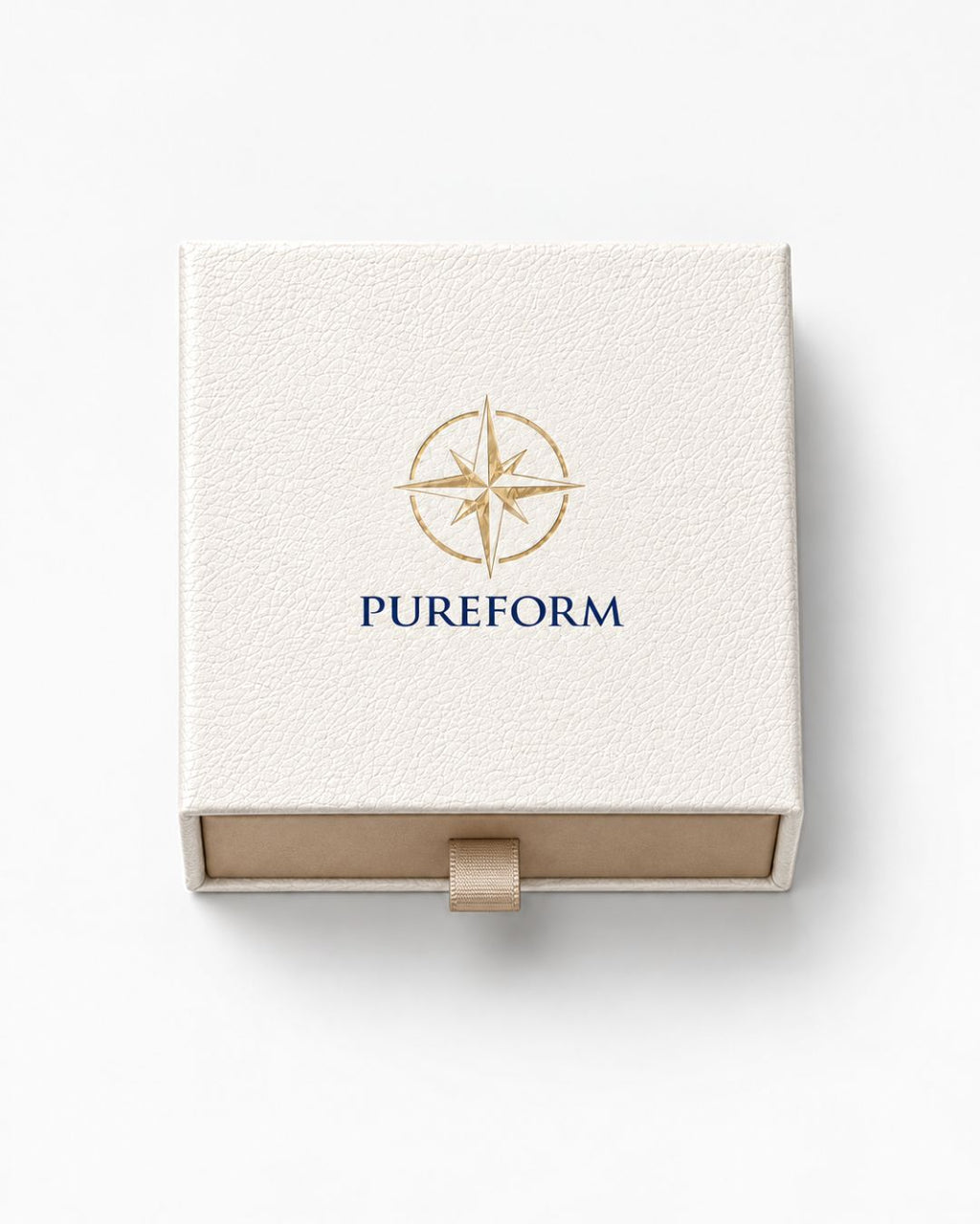 Pureform ivory gift box seen from above with gold foil compass emblem