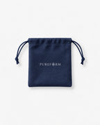 Navy velvet Pureform drawstring pouch with white wordmark