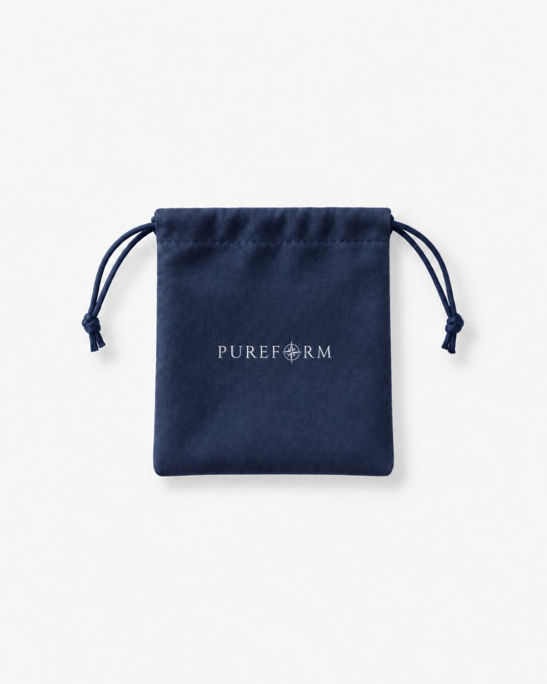 Navy velvet Pureform drawstring pouch with white wordmark