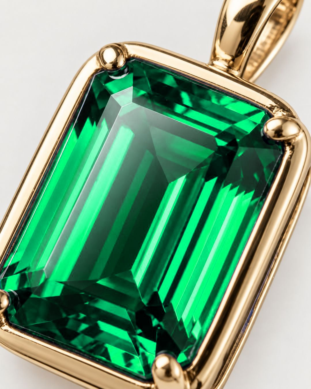 Emerald pendant necklace, 1 carat, 18K gold — macro detail of the stone and setting