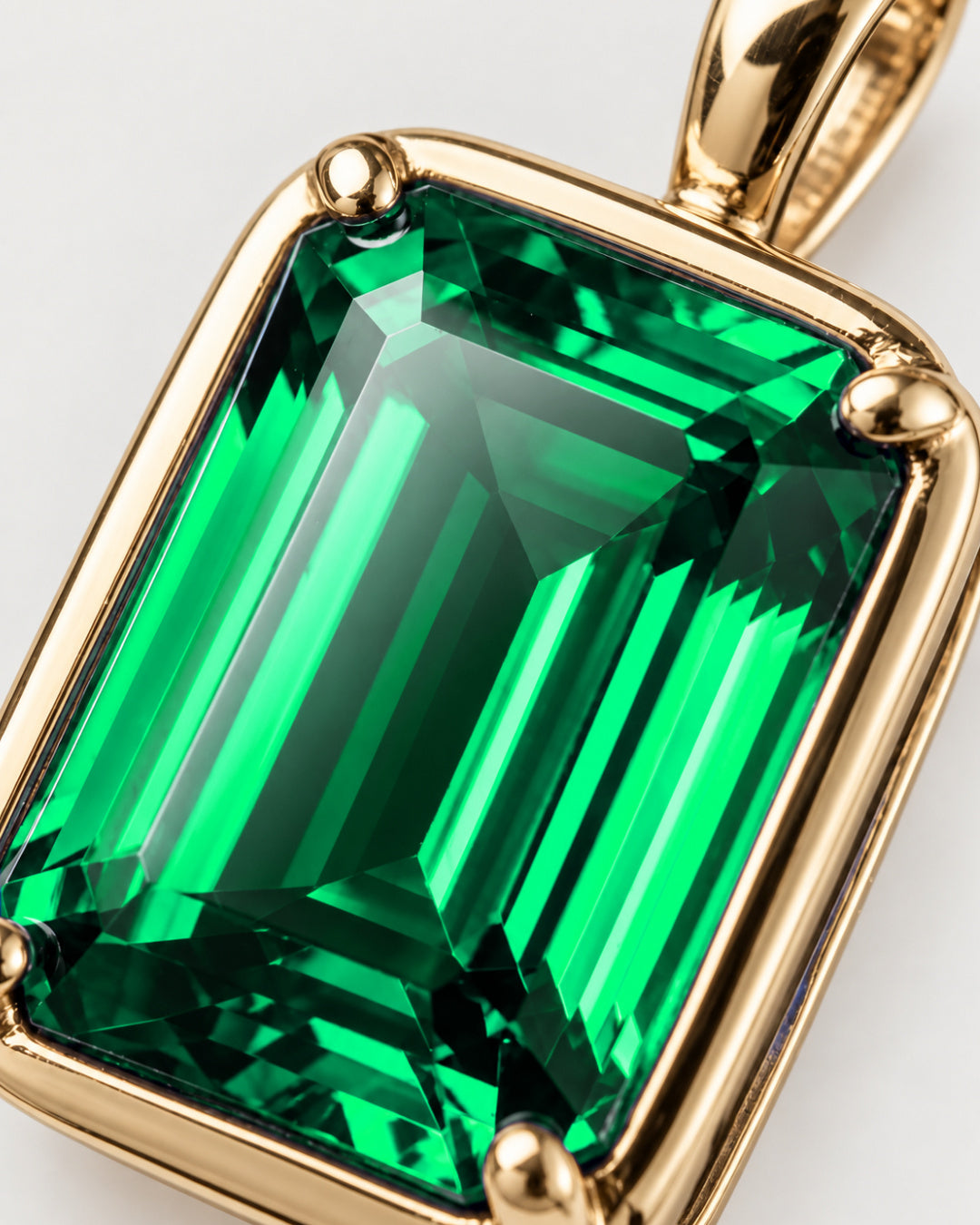 Emerald pendant necklace, 2 carat, 18K gold — macro detail of the stone and setting