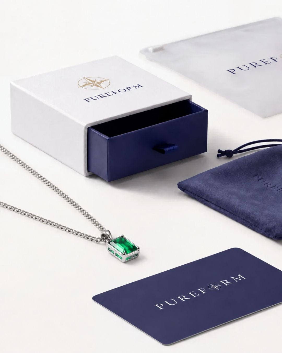 Emerald pendant necklace, 3 carat, 925 silver — shown with Pureform packaging