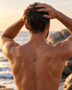 Emerald pendant necklace, 3 carat, 925 silver — worn, seen from behind