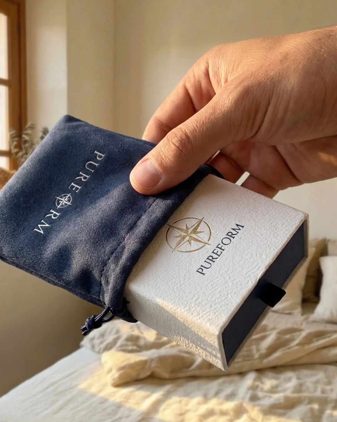 Hand sliding the Pureform gift box into the navy velvet pouch