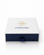 Front view of the Pureform gift box with navy drawer and ribbon pull