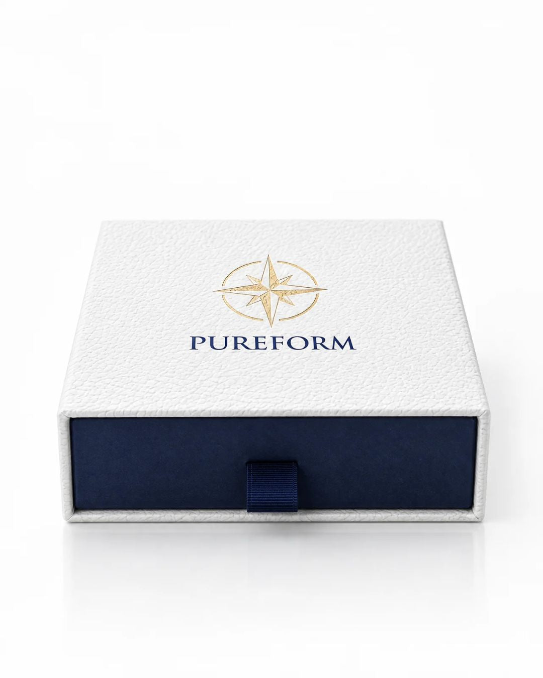 Front view of the Pureform gift box with navy drawer and ribbon pull